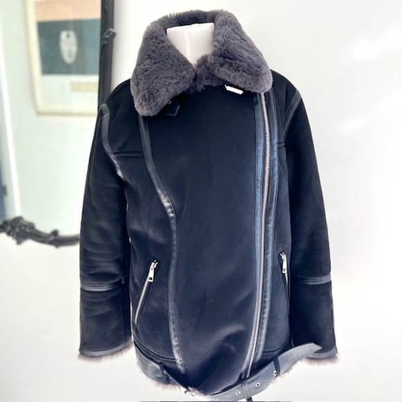 Zara  Black Moto Jacket  Faux Suede and Fur - Picture 2 of 7